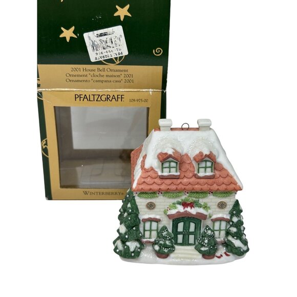 Pfaltzgraff Winterberry House Bell 2001Ornament Snowy Christmas Decor In Box 4" - Picture 2 of 9